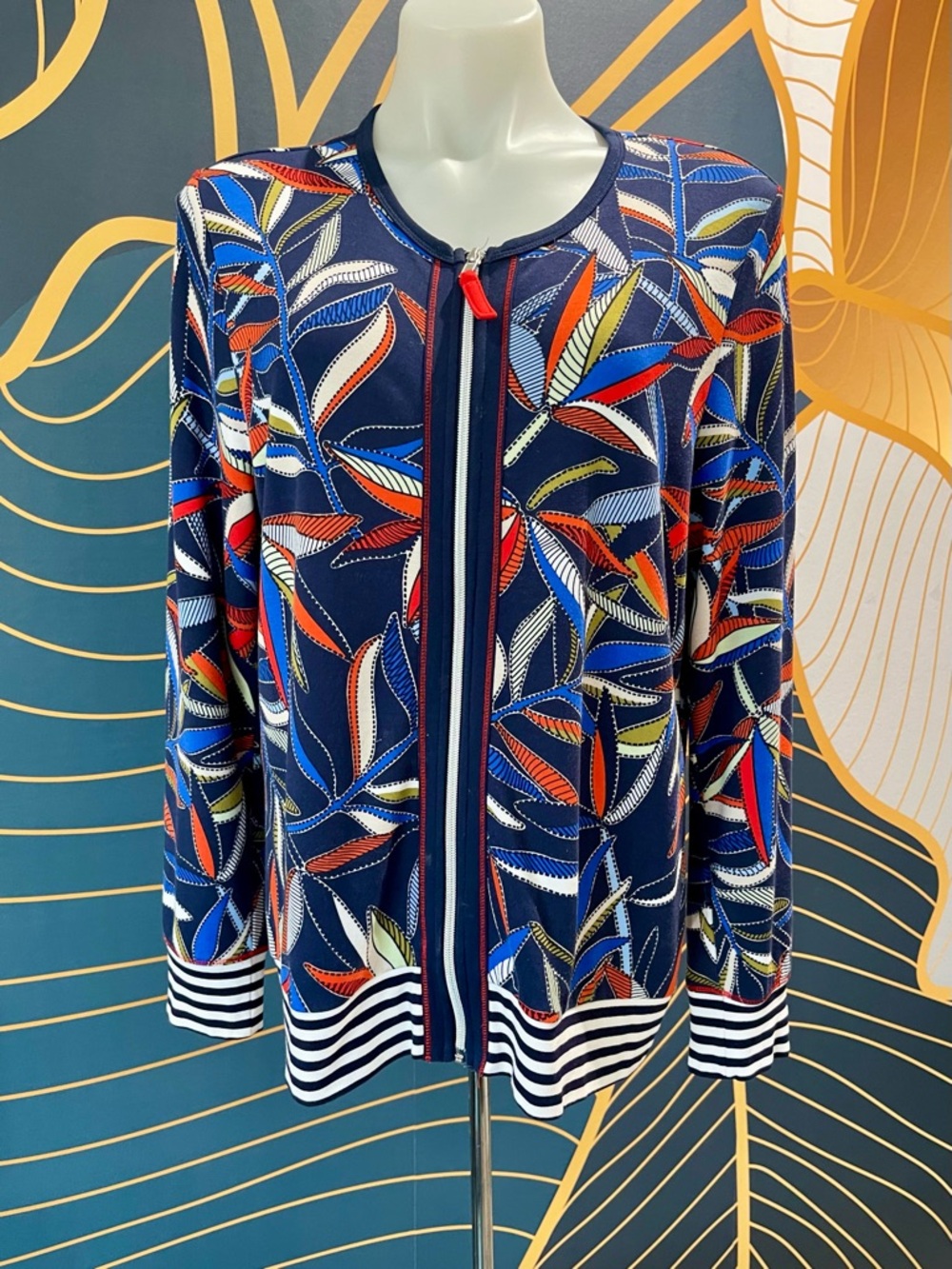 Navy Multicolor Leaf-Print Zip Cardigan